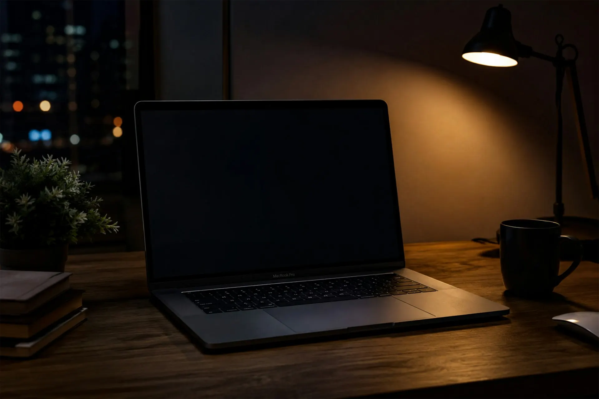 Notebook na stole pod lampou v noci